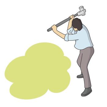man using hammer on yellow blank space illustration hand drawn with black lines vector