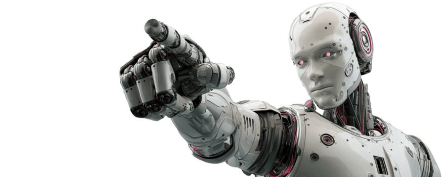 futuristische ai robot gebaren met hand- richten naar voren, geïsoleerd Aan transparant achtergrond png