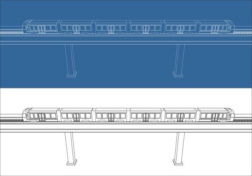 Blueprint style line drawing of a Light Rail Transit LRT train traveling on an elevated railway bridge vector