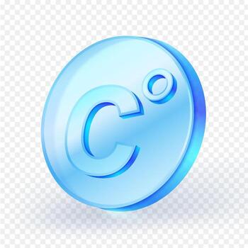 3d vaso icono con letra C y la licenciatura símbolo, representando Celsius temperatura. azul circular botón con realista Encendiendo y sombra. vector