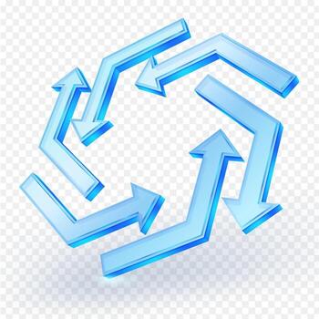 3D blue glass circular arrows icon. Ideal for process, cycle, update, refresh, or workflow design concepts. vector