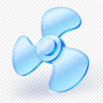 Glossy 3D glass blue fan propeller with three blades. Modern, futuristic style. Ideal for UI, app icons, or technology themed content. vector
