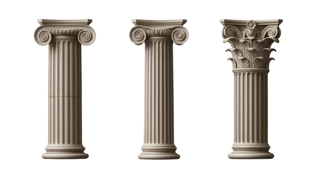 drie klassiek bouwkundig kolommen met Corinthian en ionisch hoofdstad stijlen Aan transparant achtergrond png