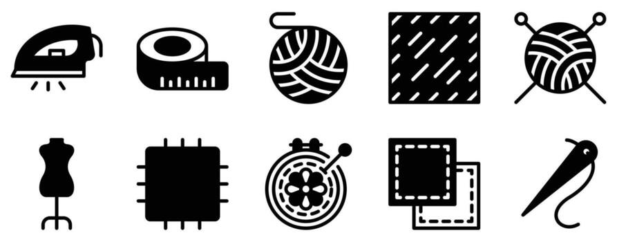 sewing icon solid mix style needle thread stitch glyph symbol ui minimal flat web app pattern garment tailor craft and textile design vector