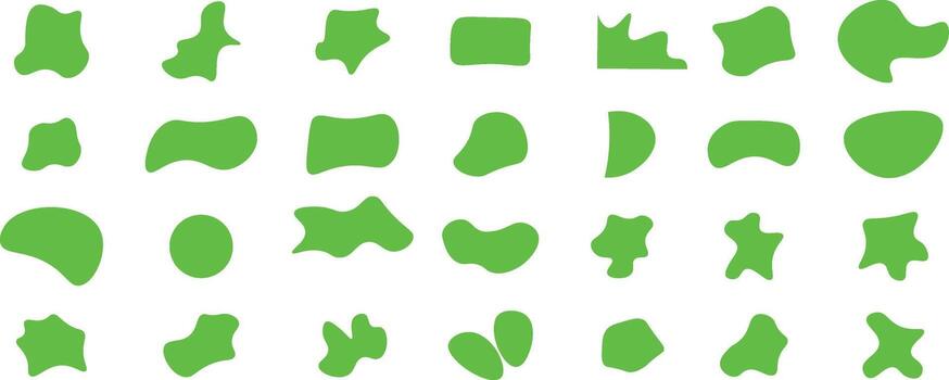 Thirty green blobs present variable amorphous shapes spread across white canvas making it transparent vector