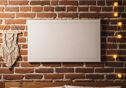 White Frame Mockup on Red Brick Wall with Macrame and String Lights for Art Photography or Design Presentation photo