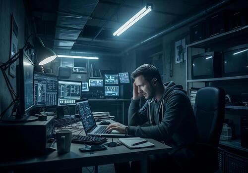 programador agotamiento hombre trabajando tarde tecnología profesional abrumado por múltiple pantallas foto