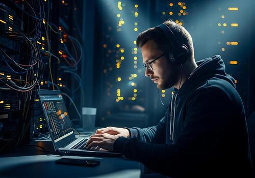 Man working on computer in data center photo