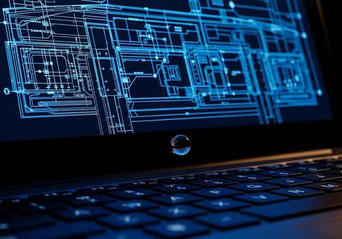 Laptop screen displaying blue technical circuit board schematic photo