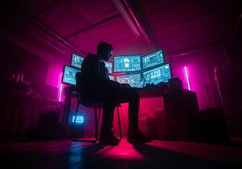 hombre sentado en frente de computadora pantallas en oscuro habitación con rosado Encendiendo hacker concepto foto