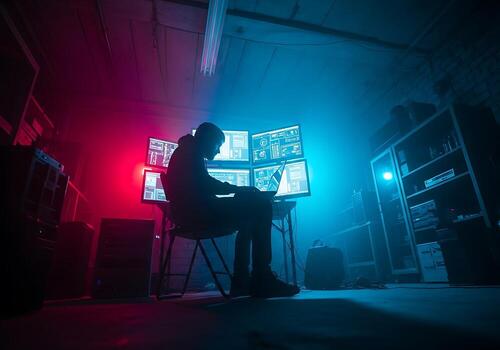 hacker trabajando en computadora pantallas en oscuro habitación foto