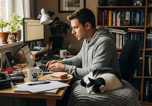 Man working from home with cat on lap and laptop computer photo
