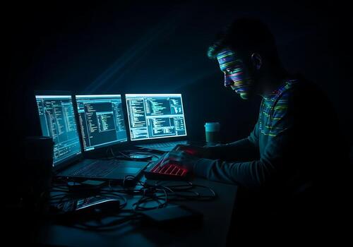 Hacker working on computer with multiple screens in dark room photo