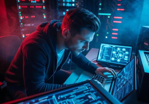 Hacker working on computer in dark room with multiple screens photo