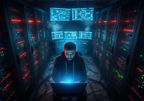 Man working on laptop in data center with server racks photo