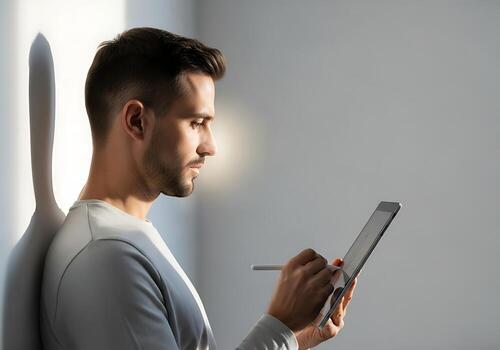 Man using digital tablet with stylus in modern workspace photo