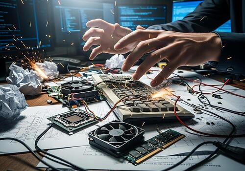 Hands reaching for a sparking keyboard with computer hardware on a desk photo