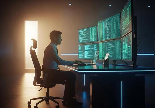 programador trabajando en computadora con múltiple pantallas en oscuro oficina foto