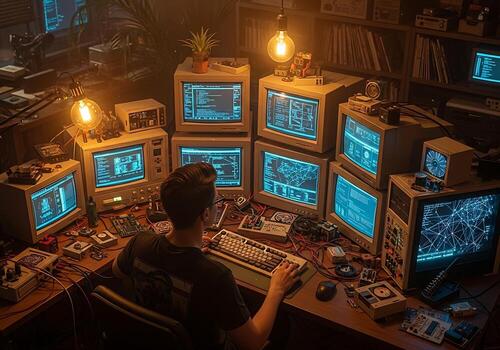 hacker trabajando en computadora con múltiple pantallas en un oscuro habitación foto