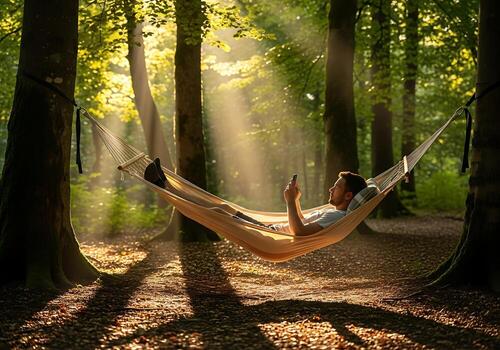 Man relaxing in a hammock in the woods using a smartphone photo