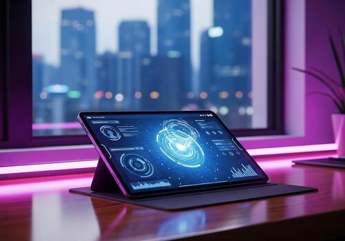 Digital Tablet with Futuristic Interface - Technology, Data, Innovation Concept, digital transformation photo