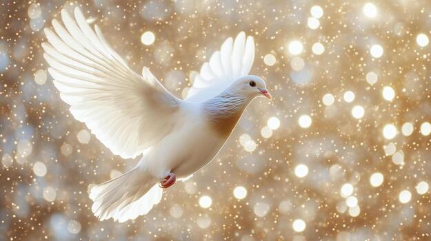 White dove ascending into glowing celestial sky with light particles and open space for text photo