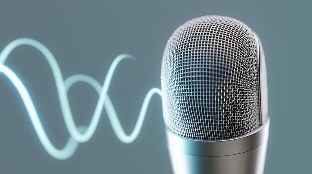 Minimalist microphone design with smooth electric cyan waveforms, clean layout and soft gradients photo