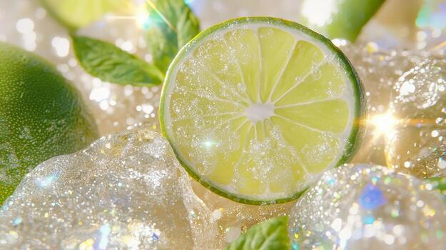Surreal close-up of glowing floating lime slices and mint leaves in ethereal space, shimmering ice and layered light photo