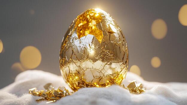 Close-up of a broken golden egg with shimmering shell fragments on a soft surface photo