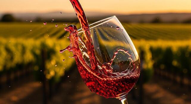 Red wine pouring into a glass with vineyard backdrop photo