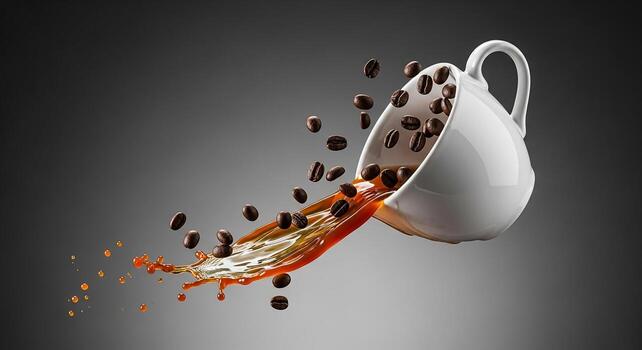 Dynamic splash of coffee and roasted beans from a floating white mug. photo