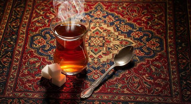 humeante té en un vaso con un cuchara en un estampado alfombra. foto