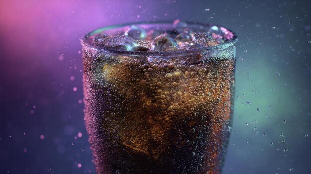 Fizzy Cold Soft Drink in Clear Glass with Ice Cubes and Bubbles in Colorful Background photo