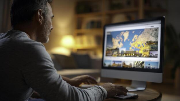 Man Using Desktop Computer with World Map on Screen in Cozy Home Office photo