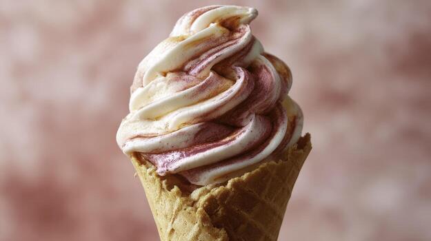 Swirled Ice Cream Cone with Creamy Pink and White Soft Serve in Waffle Cone photo