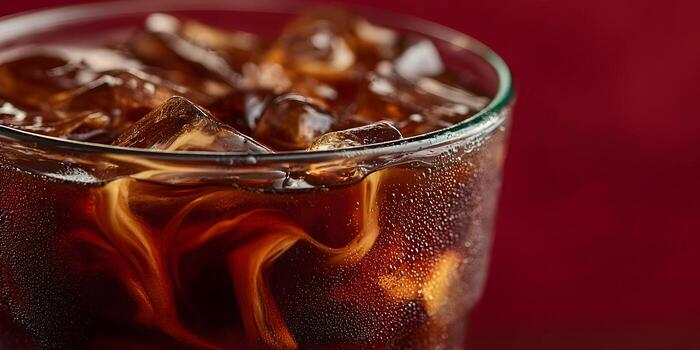 A close up view of a refreshing dark cola beverage with ice cubes and white cream swirling against a deep red background photo