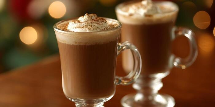 Two inviting mugs of creamy hot chocolate with whipped topping and cinnamon dust sit on a table with warm bokeh lights in the background photo