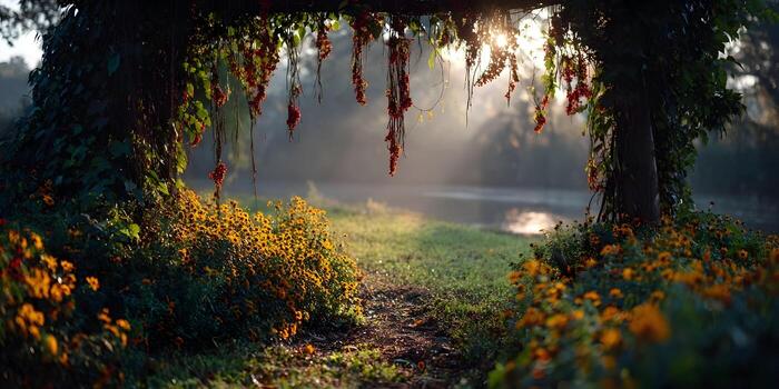 Sunlight filters through a natural arch of trees and hanging red berries illuminating a flower lined path by a serene lake photo