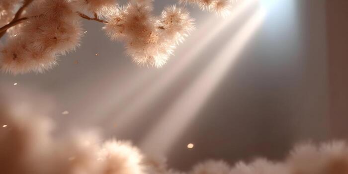 Delicate fluffy plants illuminated by radiant light rays and ethereal floating particles create a serene natural scene photo