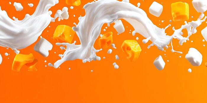 Dynamic splash of milk with floating mango chunks and white cubes against an orange background photo