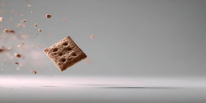 A single square cracker falls with crumbs exploding against a gray background photo
