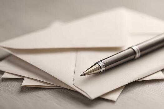 Envelopes and Pen Clean Surface with Metallic Highlights photo