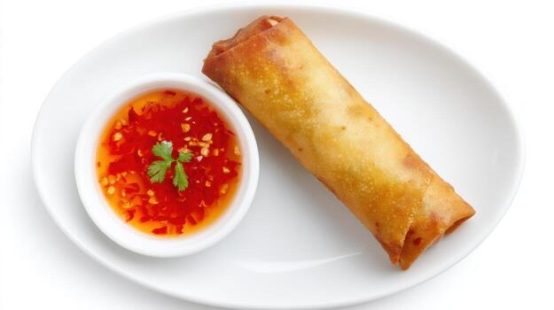 Chinese spring roll with dipping sauce on white background photo
