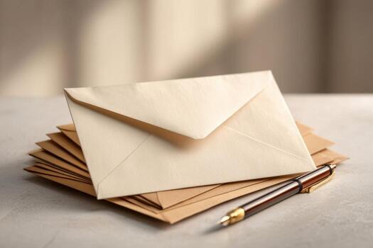Open Envelopes and Pen Clean Surface with Metallic Accent photo