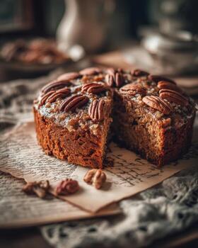 Faded Recipe Card and Frosted Carrot Cake with Pecans photo