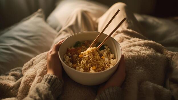 Cozy Moment with Ramen and Blanket Soft Light photo