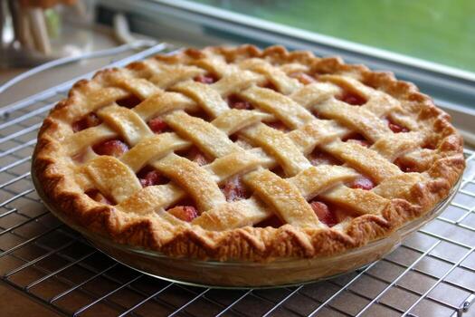 Freshly Baked Rhubarb Pie with Lattice Crust Cooling Rack photo