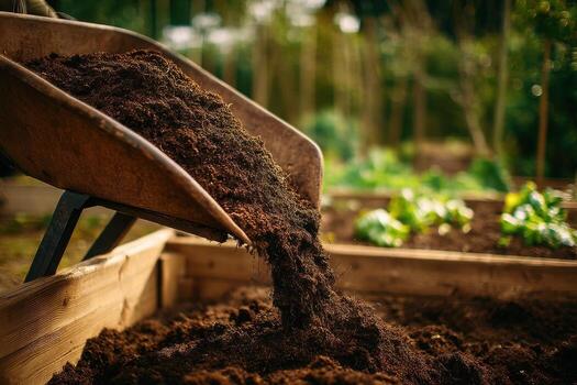 Man Pouring Compost Into Raised Garden Bed photo