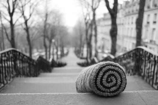 Crocheted Railing Urban Staircase with Bokeh Background photo