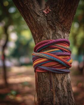 A tree with a colorful rope tied to it photo